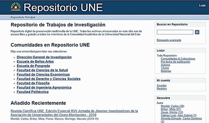 Visualización de la portada del Repositorio UNE.